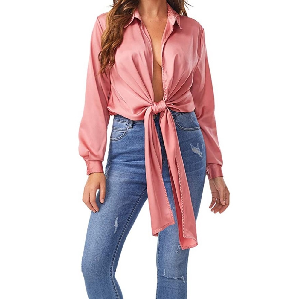 NWOT Women's Bow Tie Satin Bodysuit Plunging Neck Sexy Long Sleeve Blouse Top